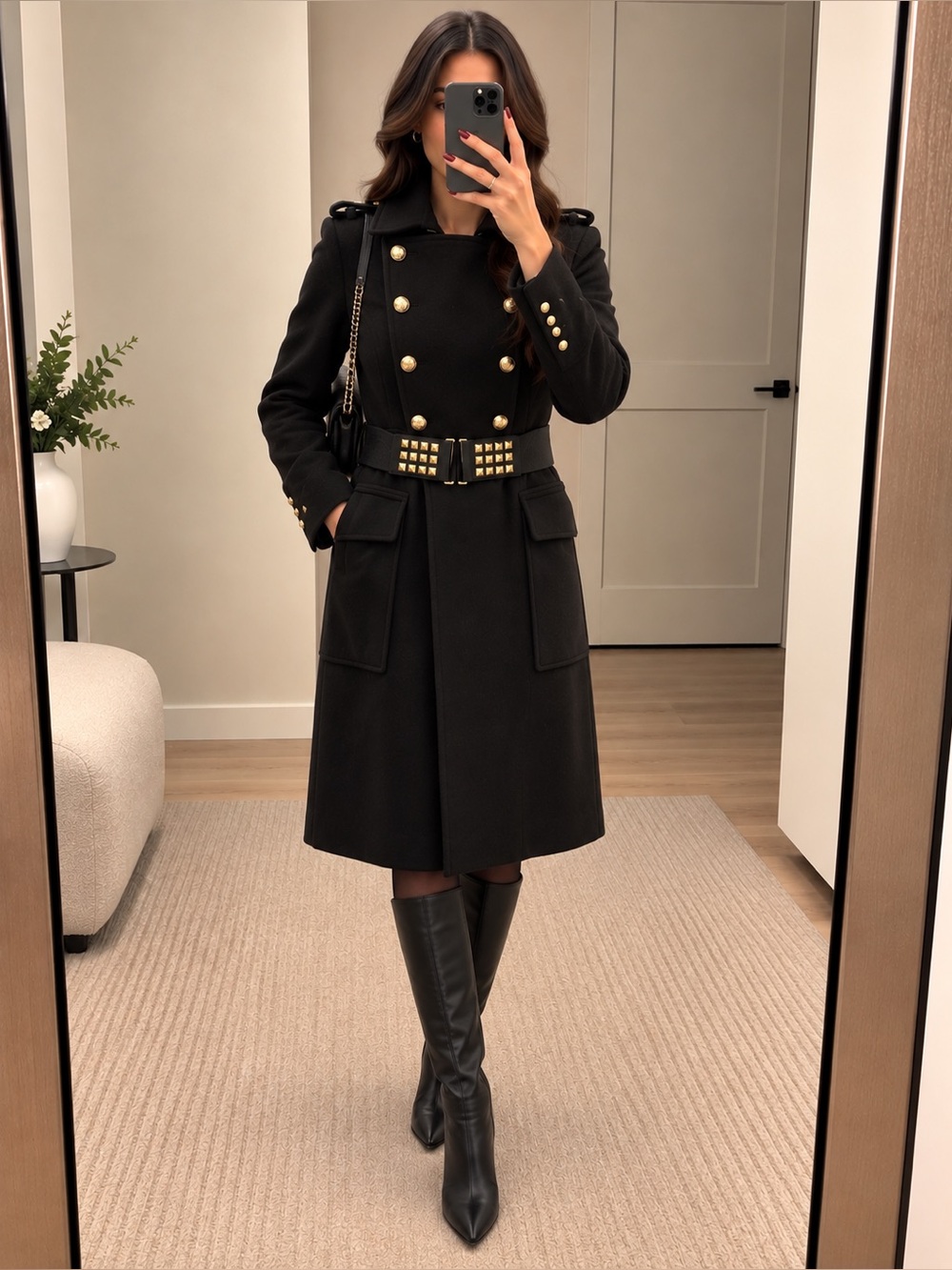 Zara - Classic Black Double-Breasted Military Wool Coat with Studded Belt